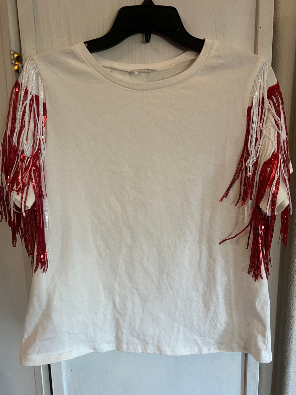 Women’s White Short Sleeve Tee with Red & White Sequin Fringe Sleeves